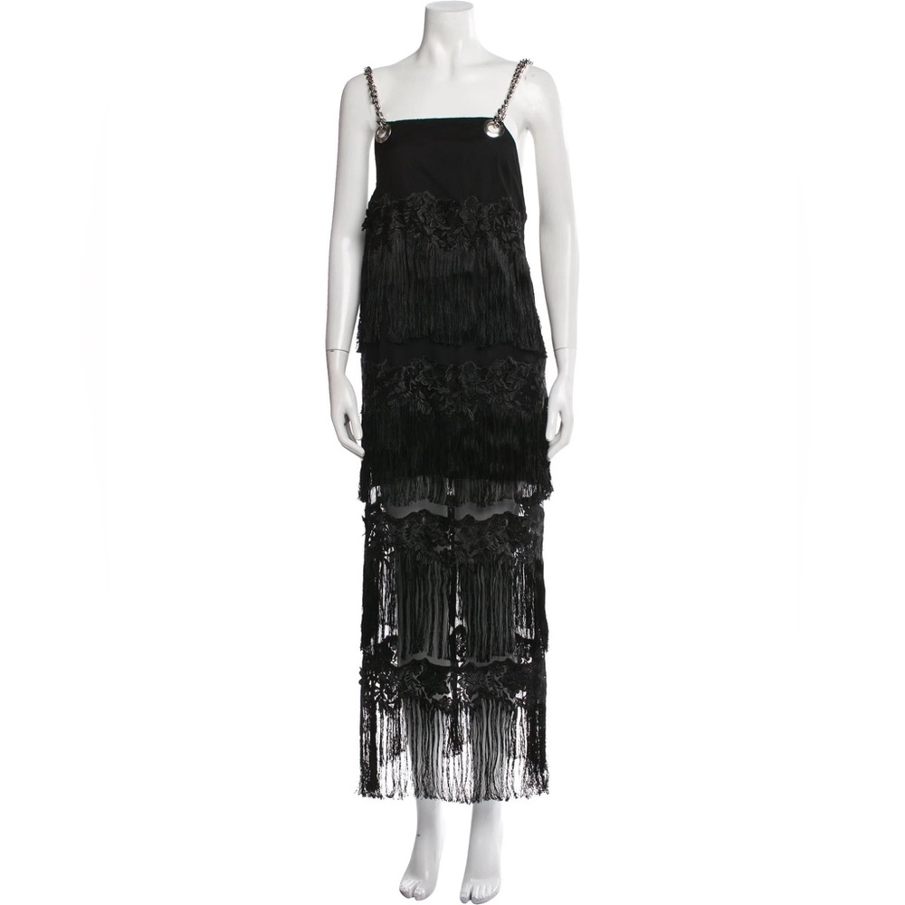 Chain-Strap Black Fringe Midi Dress
